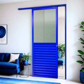 Porta de Correr Suspensa 210x90cm Meia Veneziana Meia Vidro Esq L.25 Azul
