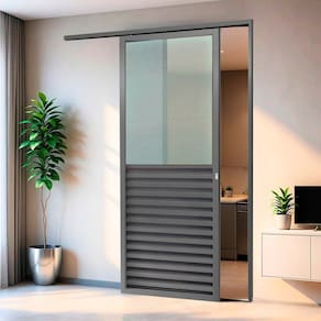 Porta de Correr Suspensa 210x90cm Meia Veneziana Meia Vidro Dir L.25 Cinza