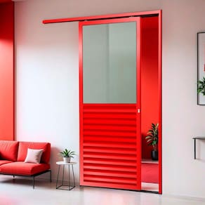 Porta de Correr Suspensa 210x90cm Meia Veneziana Meia Vidro Esq L.25 Vermelho