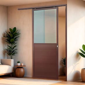 Porta de Correr Suspensa 210cm X 70cm Meia Lambril Meia Vidro Dir L.25 Brimak Corten