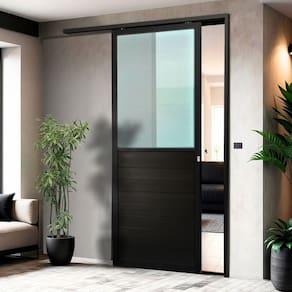 Porta de Correr Suspensa 210cm X 70cm Meia Lambril Meia Vidro Esq L.25 Brimak Preto