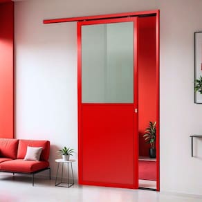 Porta de Correr Suspensa 210cm X 70cm Meia Lambril Meia Vidro Esq L.25 Brimak Vermelho