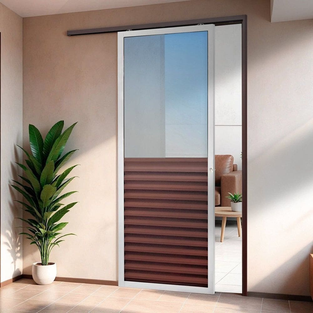 Porta de Correr Suspensa 210x100cm Meia Veneziana Meia Vidro Esq L.25 Mix Corten