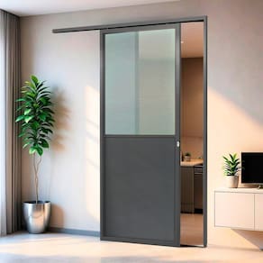 Porta de Correr Suspensa 210cm X 80cm Meia Lambril Meia Vidro Esq L.25 Brimak Cinza