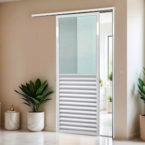 Porta de Correr Suspensa 210x90cm Meia Veneziana Meia Vidro Esq L.25 Branco