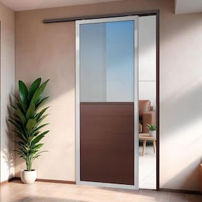 Porta de Correr Suspensa 210x100cm Meia Lambril Meia Vidro Dir L.25 Mix Corten