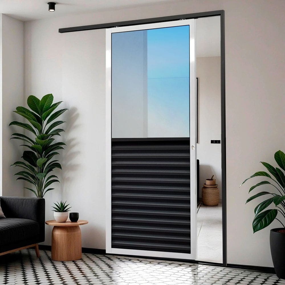 Porta de Correr Suspensa 210x90cm Meia Veneziana Meia Vidro Esq L.25 Mix Preto