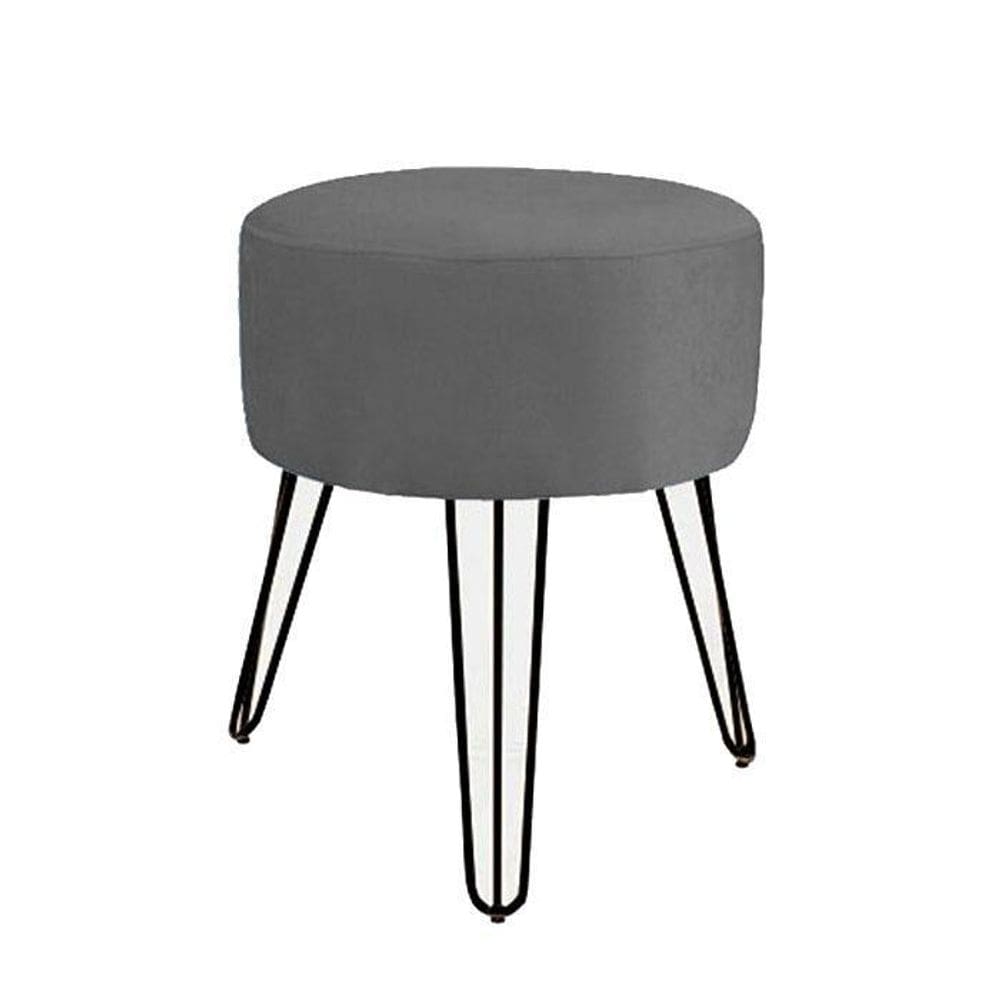 Puff Magnus Redondo Suede Cinza Pés De Ferro Preto Verniz