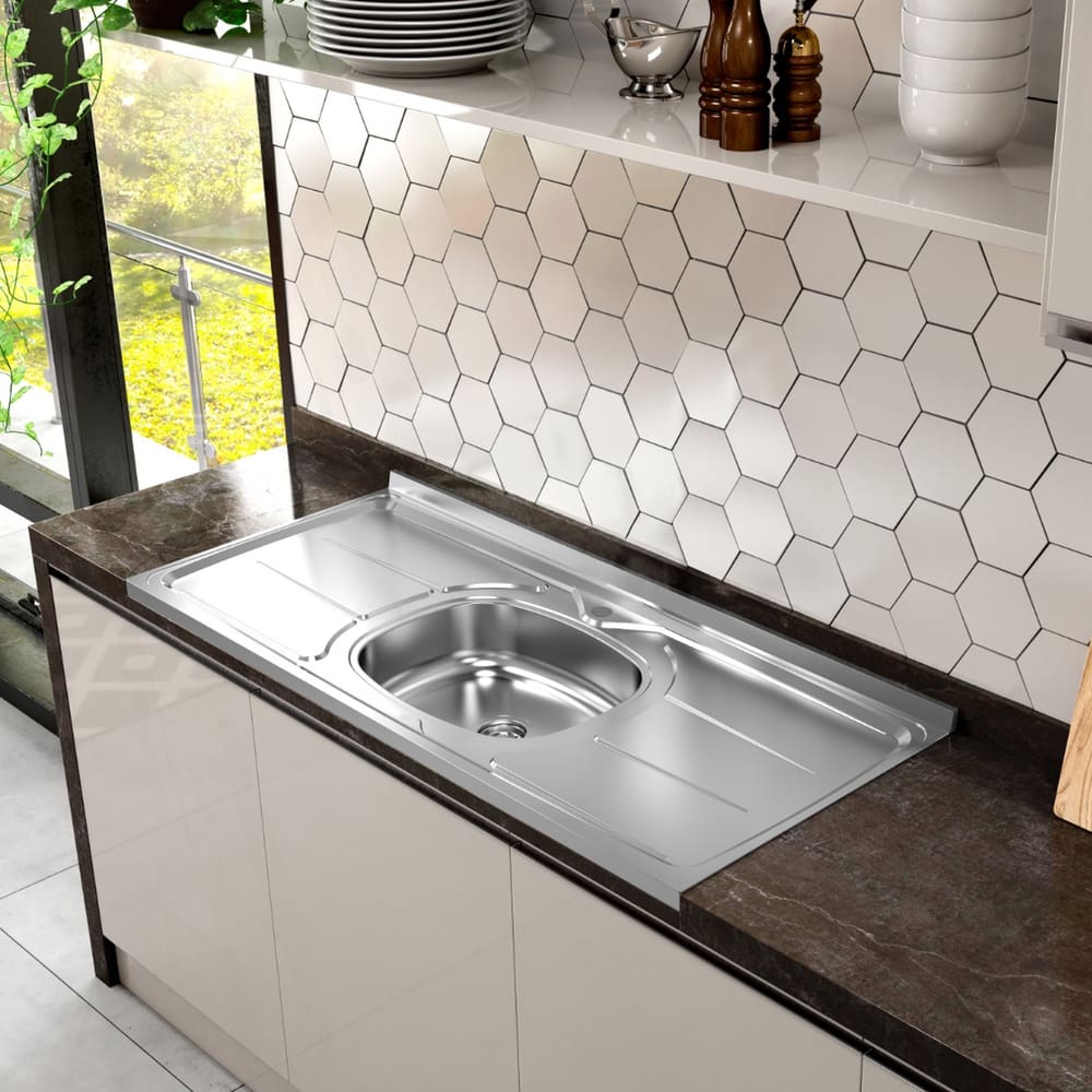 Pia de Cozinha em Aço Inox de 120cmx53cm Concretada com Válvula Inox 3.1/2 Pino Plus 30 Inox