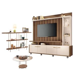 Estante Home Theater Titan Off White Castanho e Aparador Infinity e Mesa de Centro sky com Tampo de Vidro Castanho - HB Móveis