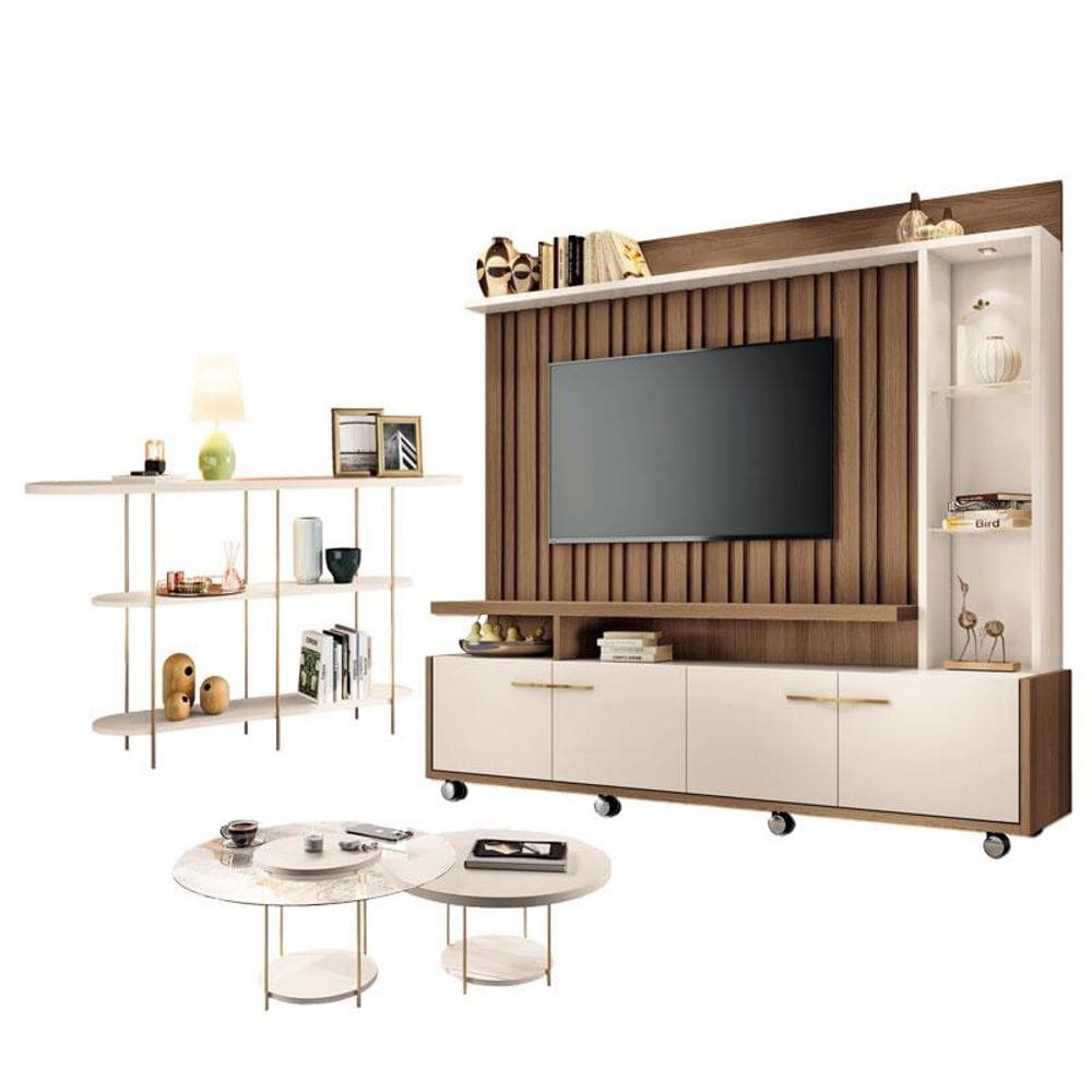 Estante Home Theater Titan Off White Castanho e Aparador Infinity e Kit Mesa de Centro sky Off White - HB Móveis