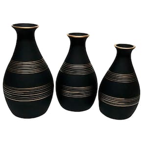 Trio Vasos Garrafas Em Cerâmica Fosca De Sala Black Gold