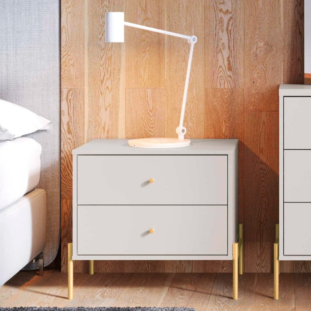 Mesa de Cabeceira 2 Gavetas Jasper 64 Cm Branco/Dourado
