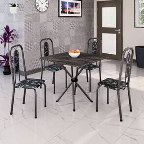 Conjunto de Mesa Tubular 70cm X 70cm Tampo Ardósia Indiano com 4 Cadeiras Lívia Preto / Prata
