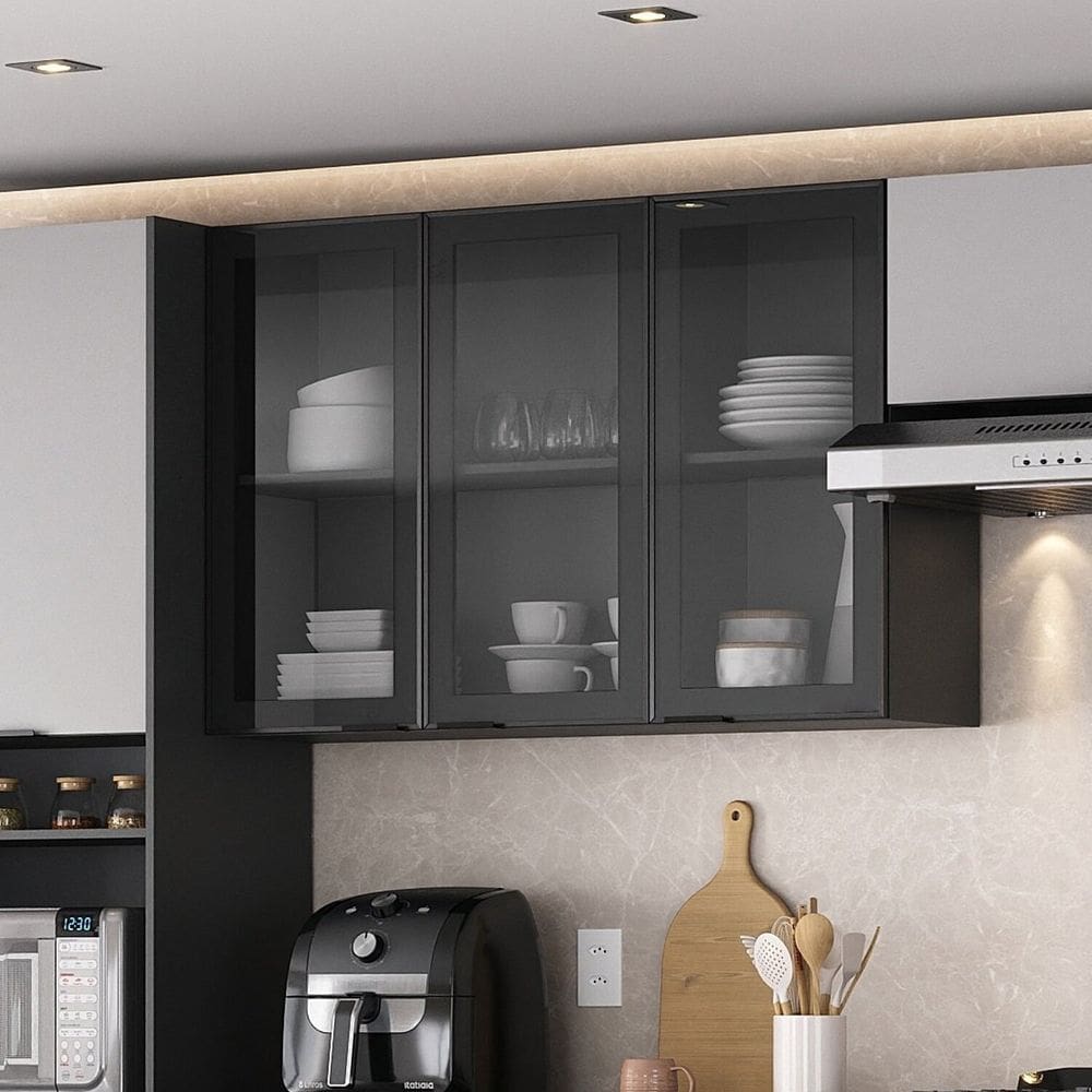 Armário 120cm 3 Portas de Vidro Mdf Dobradiças Slow Motion Lumina Itatiaia Grafite