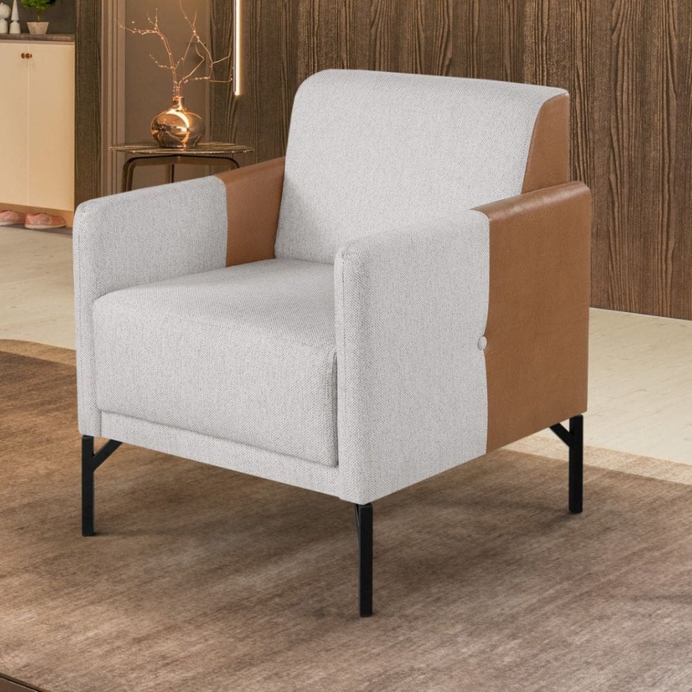 Poltrona Decorativa América Linho Base em Aço Industrial Cinza/Marrom