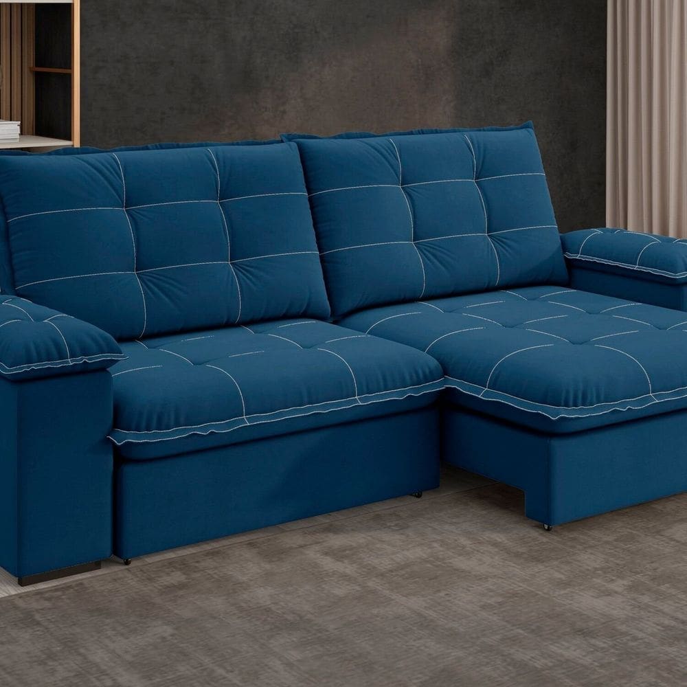 Sofá Fofao Premium Slim 2.50 Cm Retrátil e Reclinável 4 Lugares Azul Marinho