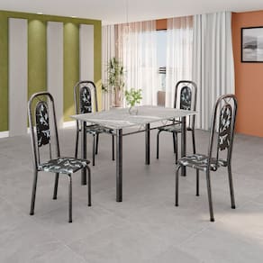 Conjunto de Mesa Tubular 120cm X 75cm Tampo Granito Topázio com 4 Cadeiras Lara Preto / Prata