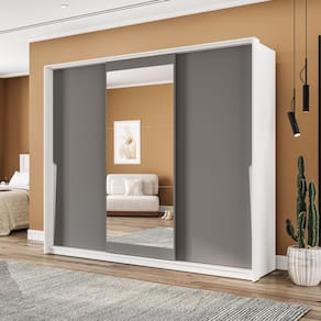Guarda Roupa 3 Portas de Correr 4 Gavetas com Espelho Porto Branco/Cinza