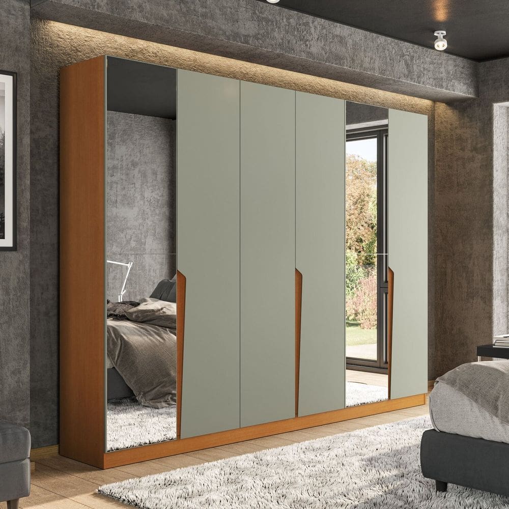 Guarda Roupa 6 Portas 4 Gavetas com Espelho Porto Freijó/Verde
