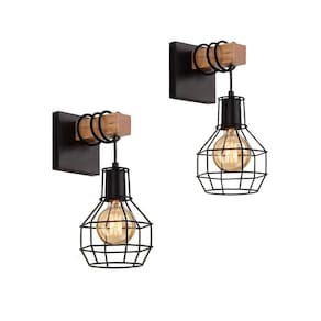 Conjunto de arandelas de parede Vintage Charm Industrial Black Metal Wood