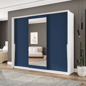 Guarda Roupa 3 Portas de Correr 4 Gavetas com Espelho Porto Branco/Azul