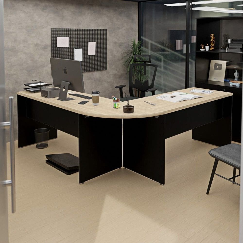 Mesa Escrivaninha em L Canto Arredondado 140x60cm Carvalho/Preto