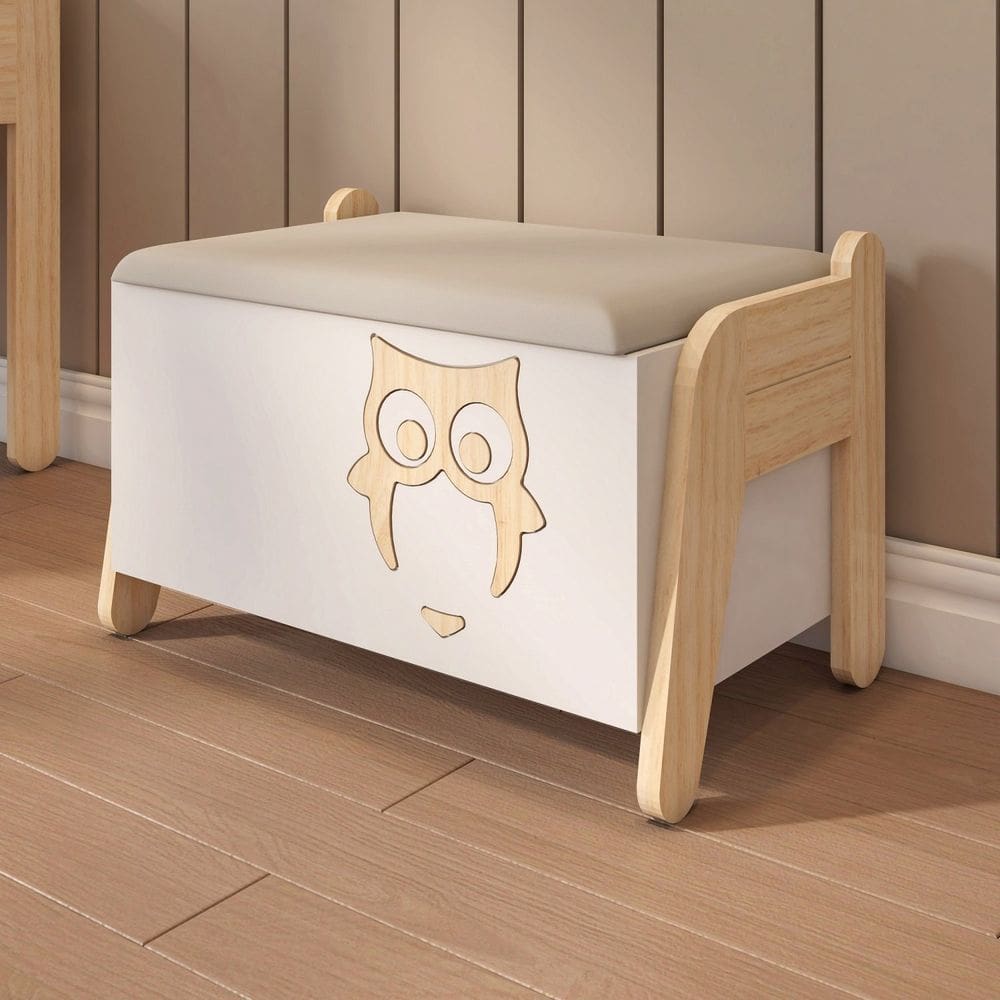 Baú Corujinha de Madeira Maciça e Mdf Casatema Branco/Natural