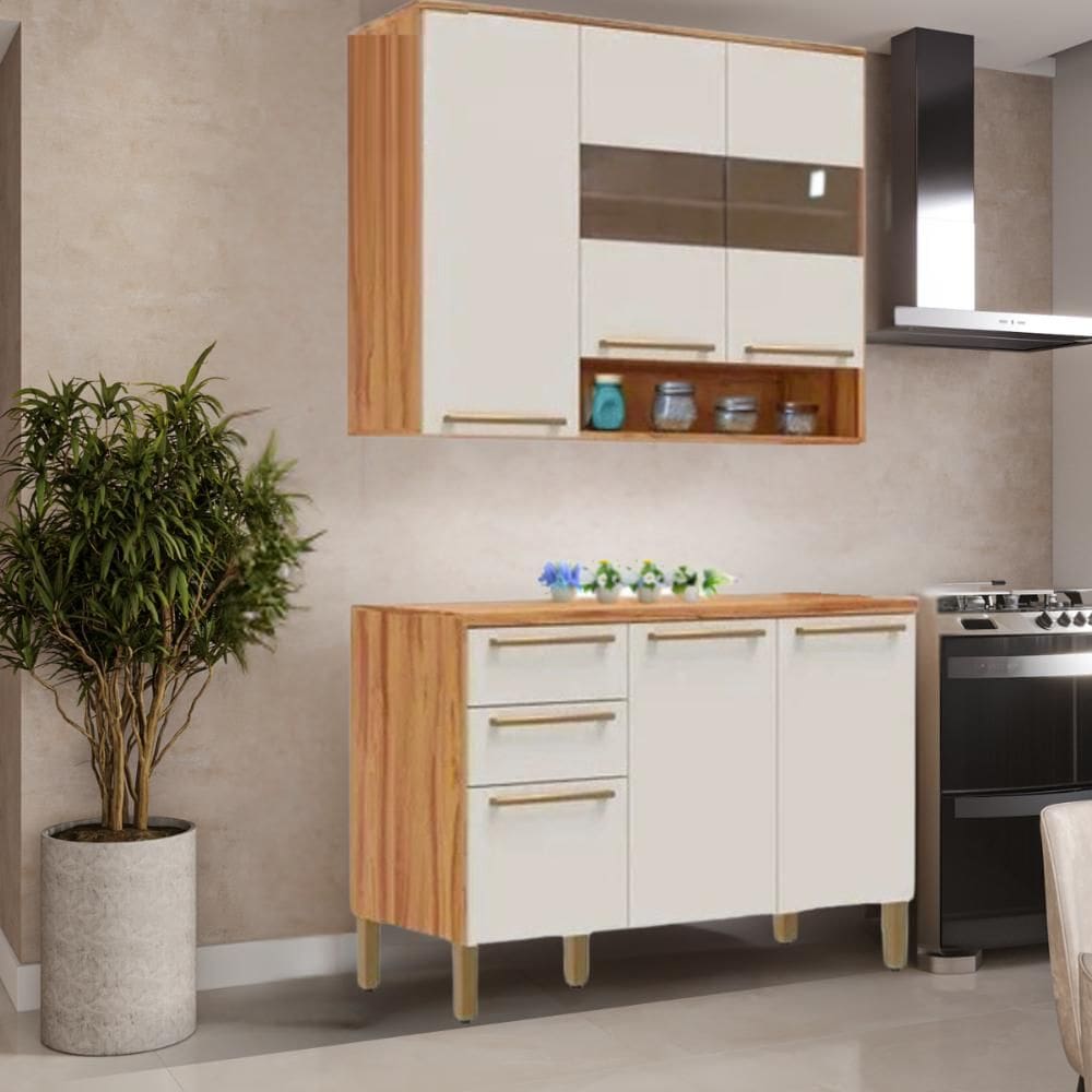 Cozinha Compacta Nápoli Prime 2 Peças 6 Portas 2 Gavetas Armário Aéreo Balcão Com Tampo 100% MDF