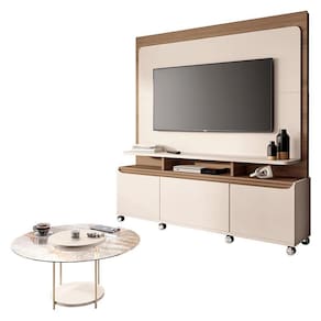 Estante Home Theater Quantum Off White Castanho e Mesa de Centro Sky com Tampo de Vidro Off White – HB Móveis