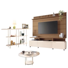 Estante Home Theater Artís Off White Castanho e Aparador Infinity e Mesa de centro Sky com tampo de vidro Off White – HB Móveis