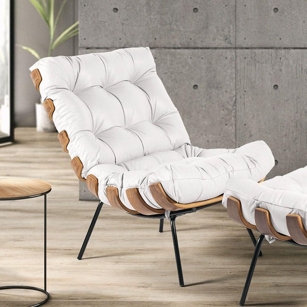 Poltrona Costela Couro Base Metálica Preto D\`rossi Branco