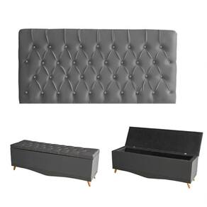 Kit Estrela Cabeceira De Cama Painel E Calçadeira Baú Botão Cristal Queen 160 Cm Suede Grafite Eli Móveis E Decoração