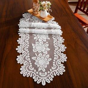 Trilho Oval Para Mesa Interlar Renda Rose Gardênia 40cmx1,25m Branco