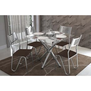 Sala De Jantar Completa Volga Com Tampo De Vidro 90cm E 4 Cadeiras Nápoles Cromada - Marrom - Kappesberg