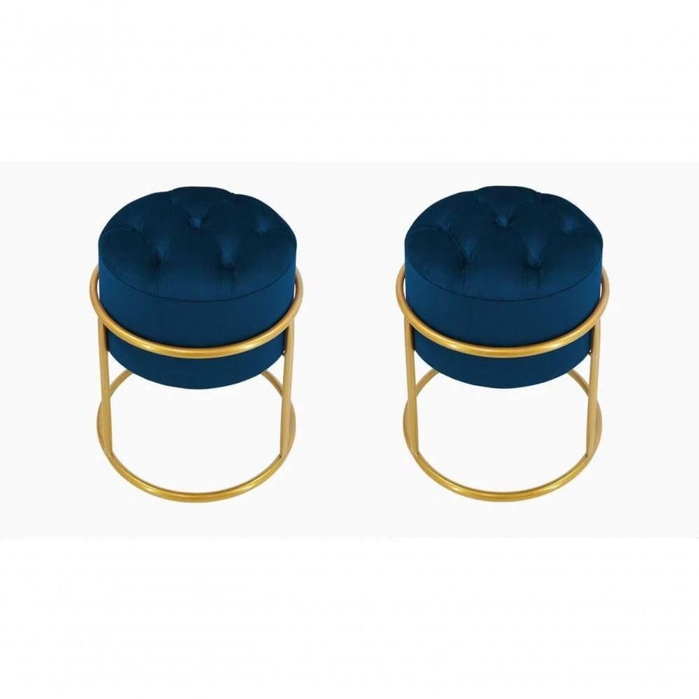 Kit 2 Puff Banqueta Estofado Decorativo Base De Ferro Capitonê Suede Azul Marinho Eli Móveis E Decoração