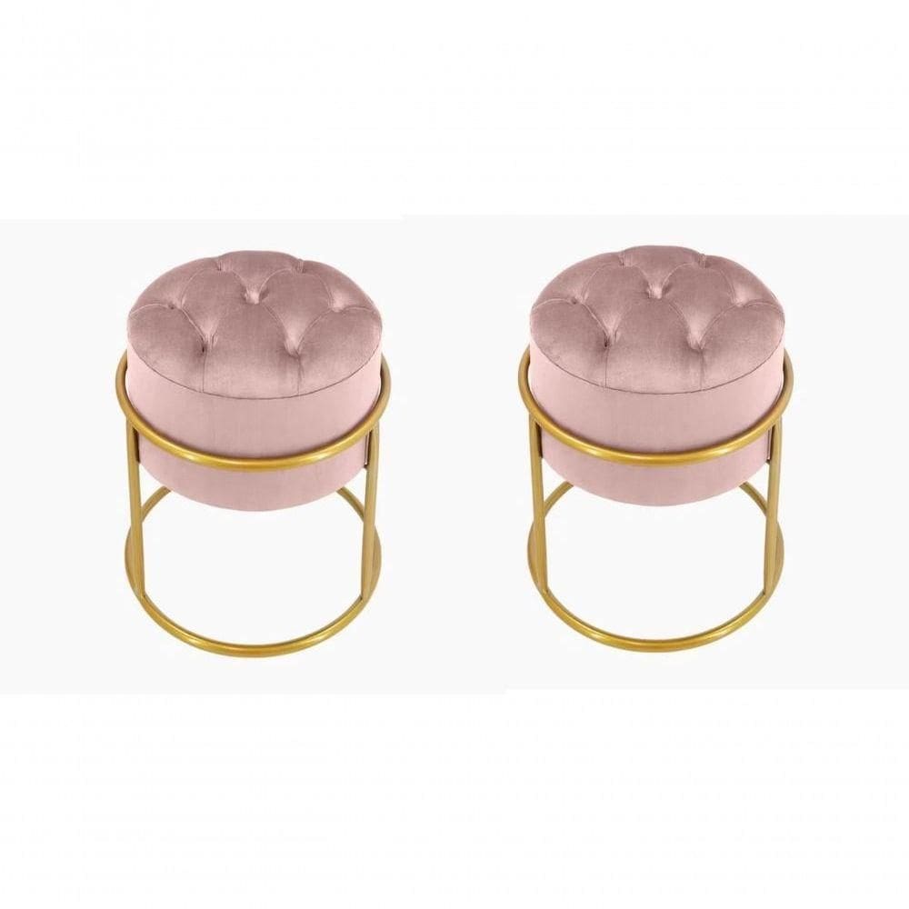Kit 2 Puff Banqueta Estofado Decorativo Base De Ferro Capitonê Suede Rosa Eli Móveis E Decoração