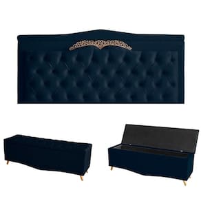 Kit Helena Cabeceira De Cama Painel E Calçadeira Baú King 195 Cm Suede Azul Marinho Eli Móveis E Decoração