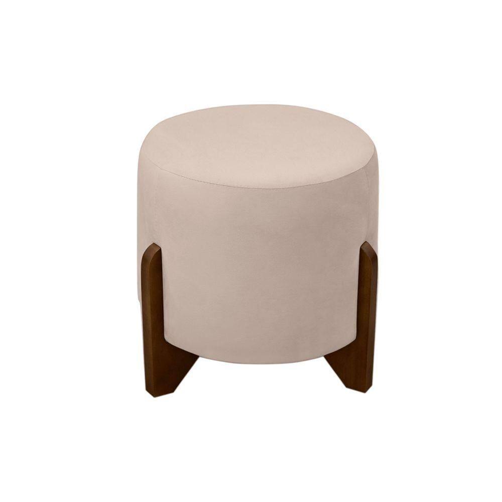 Puff Banqueta Decorativo Luiz Pés De Madeira Linho Bege Eli Móveis E Decoração