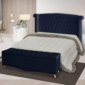 Kit Cabeceira De Cama Box E Calçadeira Baú Malibu King 195 Cm Suede Azul Marinho Eli Móveis