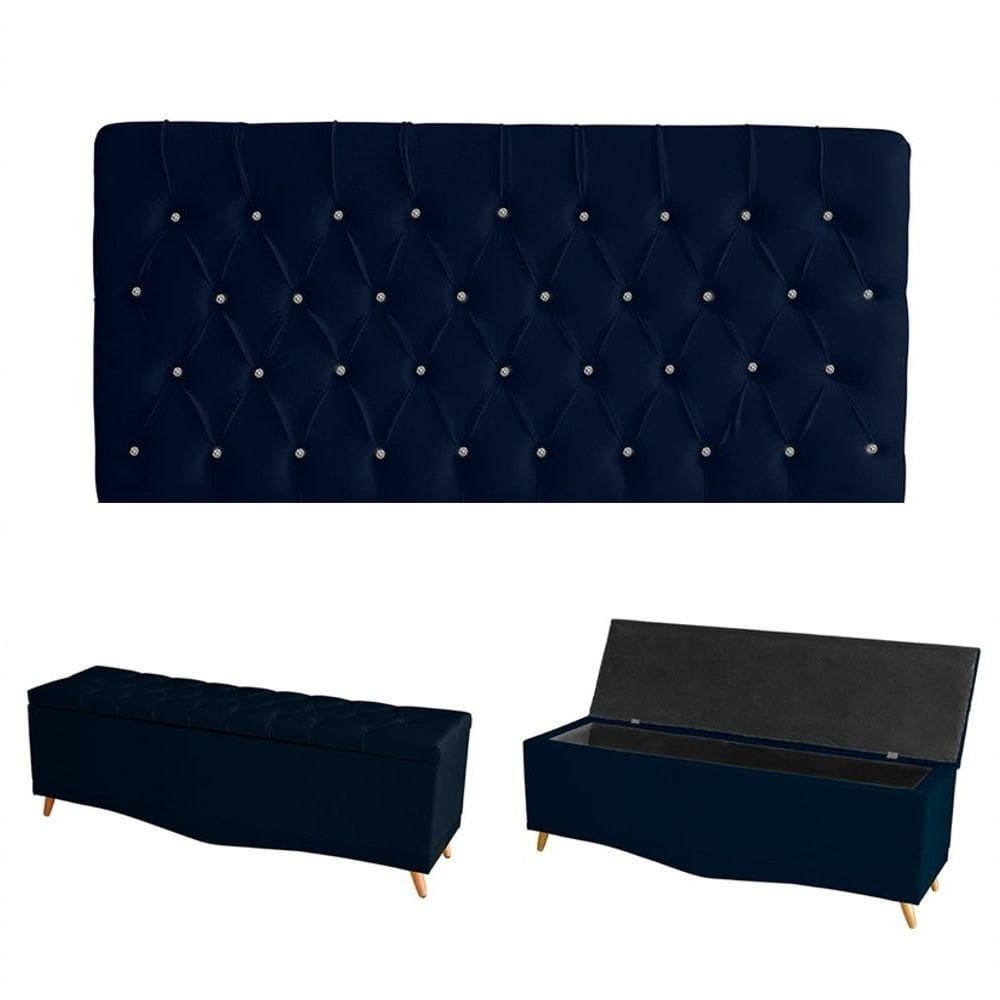 Kit Estrela Cabeceira De Cama Painel E Calçadeira Baú Botão Cristal Casal 140 Cm Suede Azul Eli Móveis E Decoração