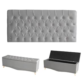 Kit Estrela Cabeceira De Cama Painel E Calçadeira Baú Botão Cristal Queen 160 Cm Suede Prata Eli Móveis E Decoração