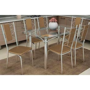 Sala De Jantar Completa Elba Com Tampo De Vidro 140cm E 6 Cadeiras Lisboa Cromada - Courano Capuccino - Kappesberg