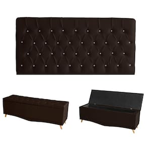 Kit Estrela Cabeceira De Cama Painel E Calçadeira Baú Botão Cristal Queen 160 Cm Suede Marrom Eli Móveis E Decoração