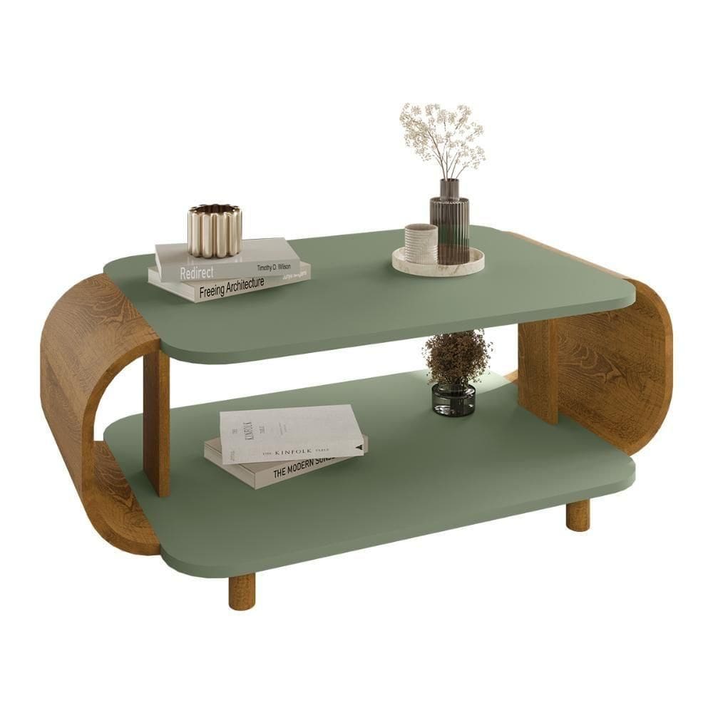 Mesa De Centro Sala Floripa Com Pés De Madeira Maciça Pistache/naturale
