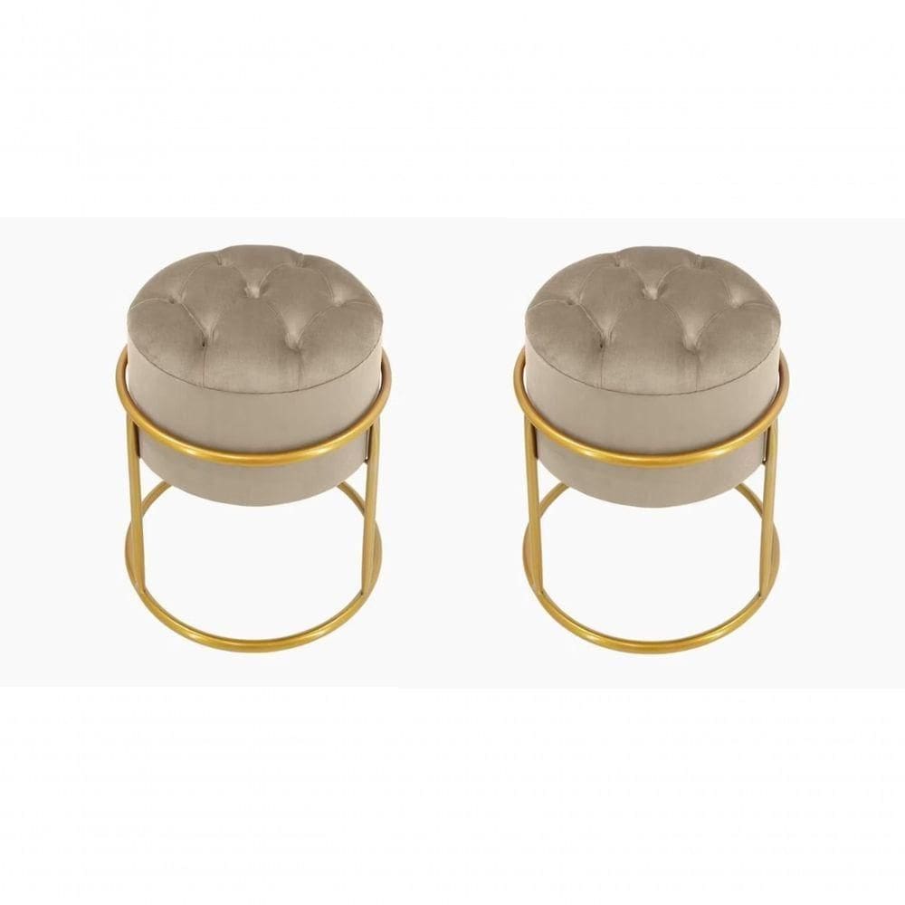Kit 2 Puff Banqueta Estofado Decorativo Base De Ferro Capitonê Suede Bege Eli Móveis E Decoração