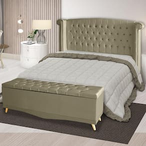 Kit Cabeceira De Cama Box E Calçadeira Baú Malibu King 195 Cm Suede Bege Eli Móveis