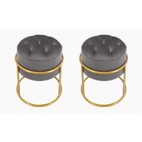 Kit 2 Puff Banqueta Estofado Decorativo Base De Ferro Capitonê Suede Grafite Eli Móveis E Decoração