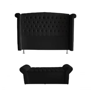 Kit Realeza Cabeceira De Cama Box E Calçadeira Baú King 195 Cm Suede Preto Eli Móveis