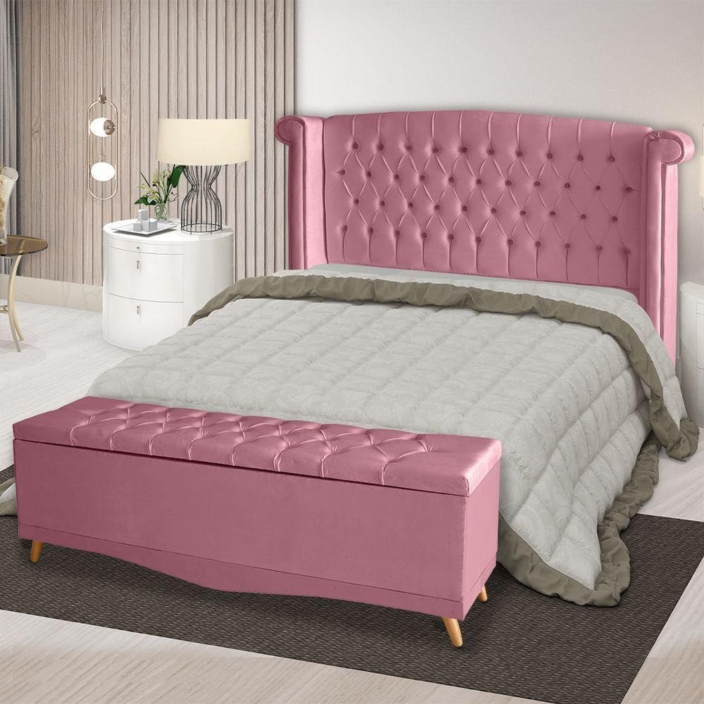 Kit Cabeceira De Cama Box E Calçadeira Baú Malibu Queen 160 Cm Suede Rosa Bebê Eli Móveis